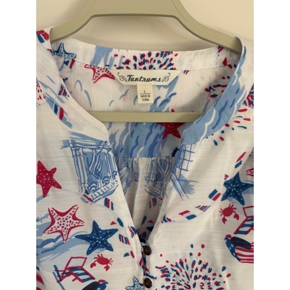 Tantrums‎ Womens Patriotic Nautical Print Henley Tunic Red White Blue Stars L - Picture 2 of 3
